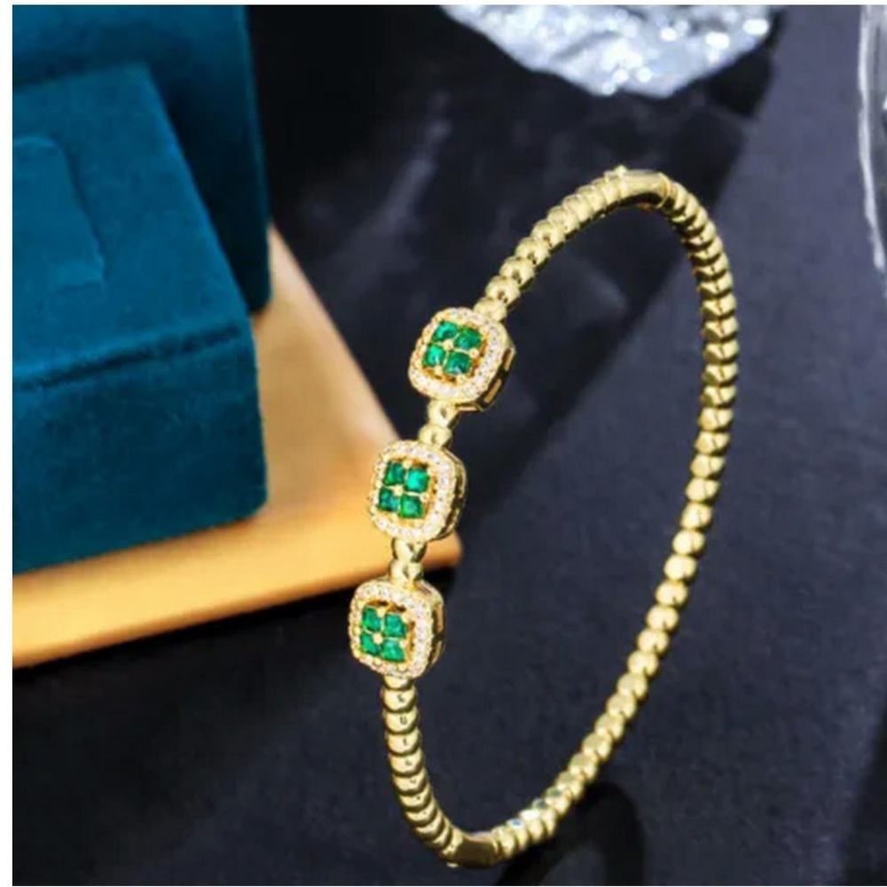 New Green CZ "Emerald Style" Beaded Bangle gold tone 7”